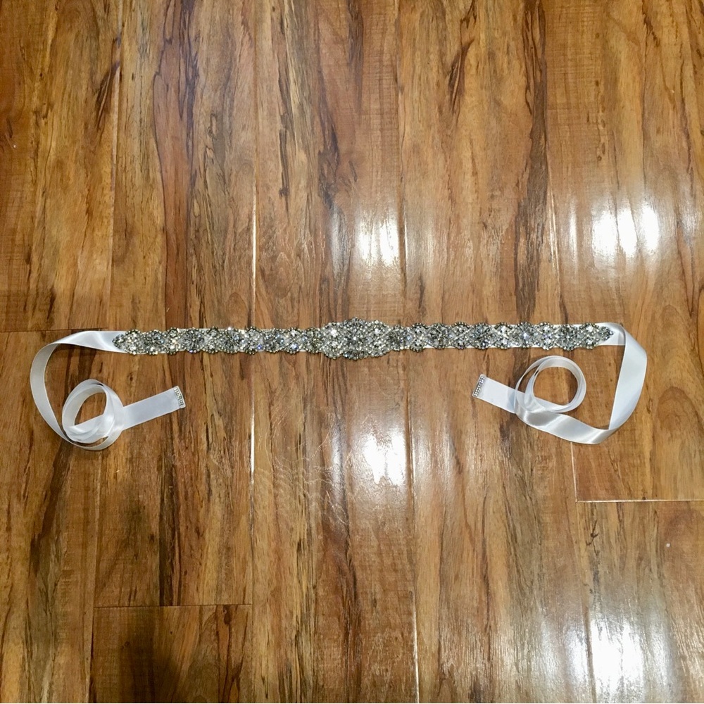 88” long White Rhinestone and Pearl Satin Belt